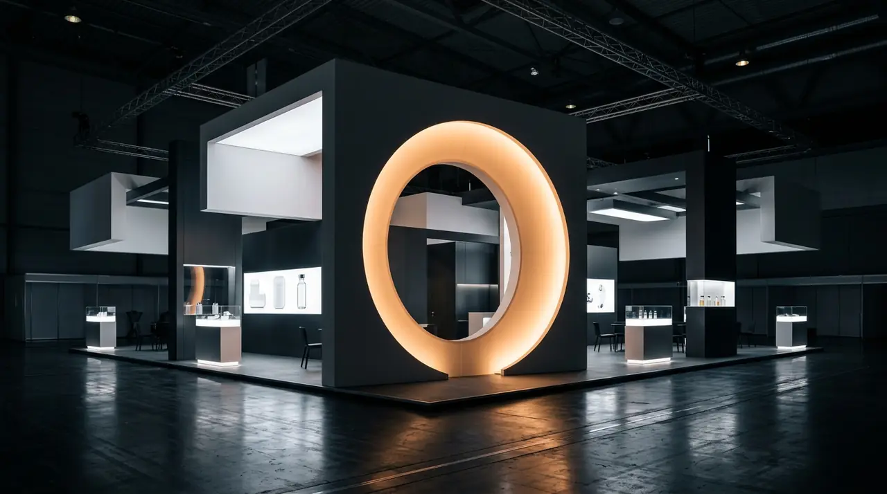 The exhibition stand, with its backlit circular aperture
