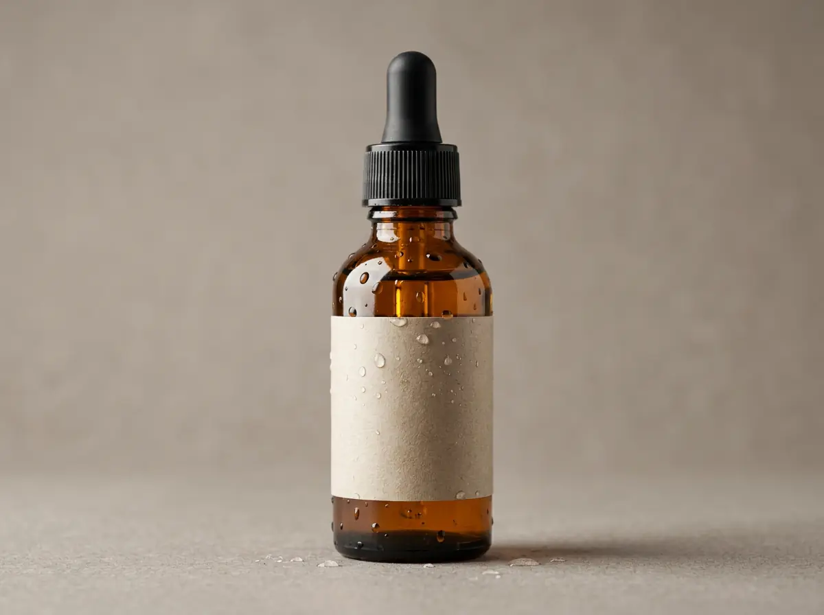Close-up of an amber dropper bottle and its label