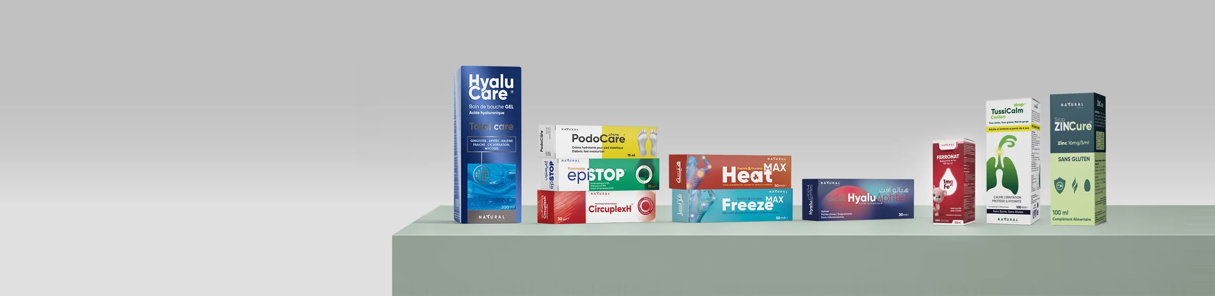 The Natural Solution range on a green plinth, from HyaluCare to ZINCure