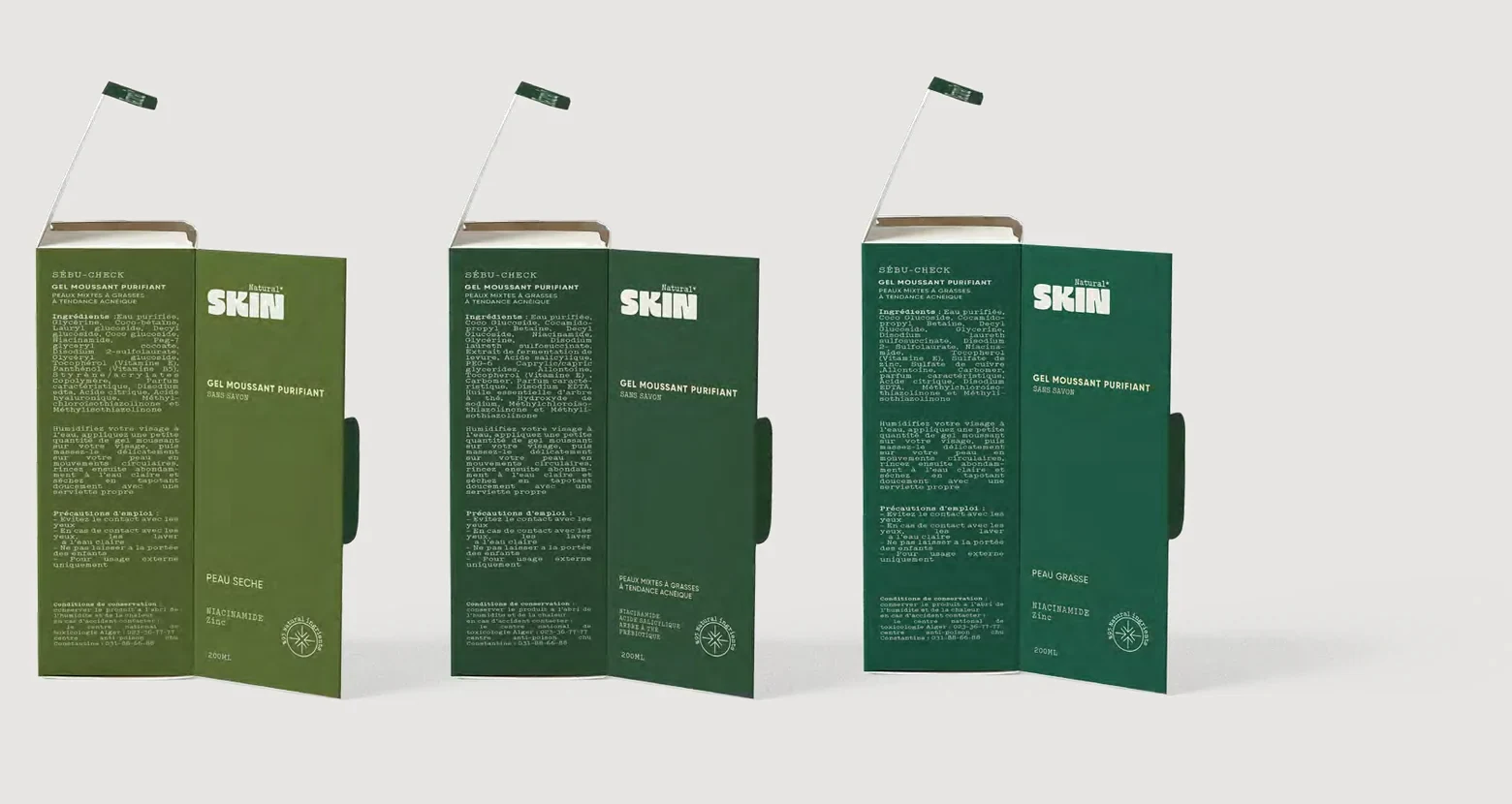 Three Natural Skin cartons in ascending depths of green, each labelled for a different skin type