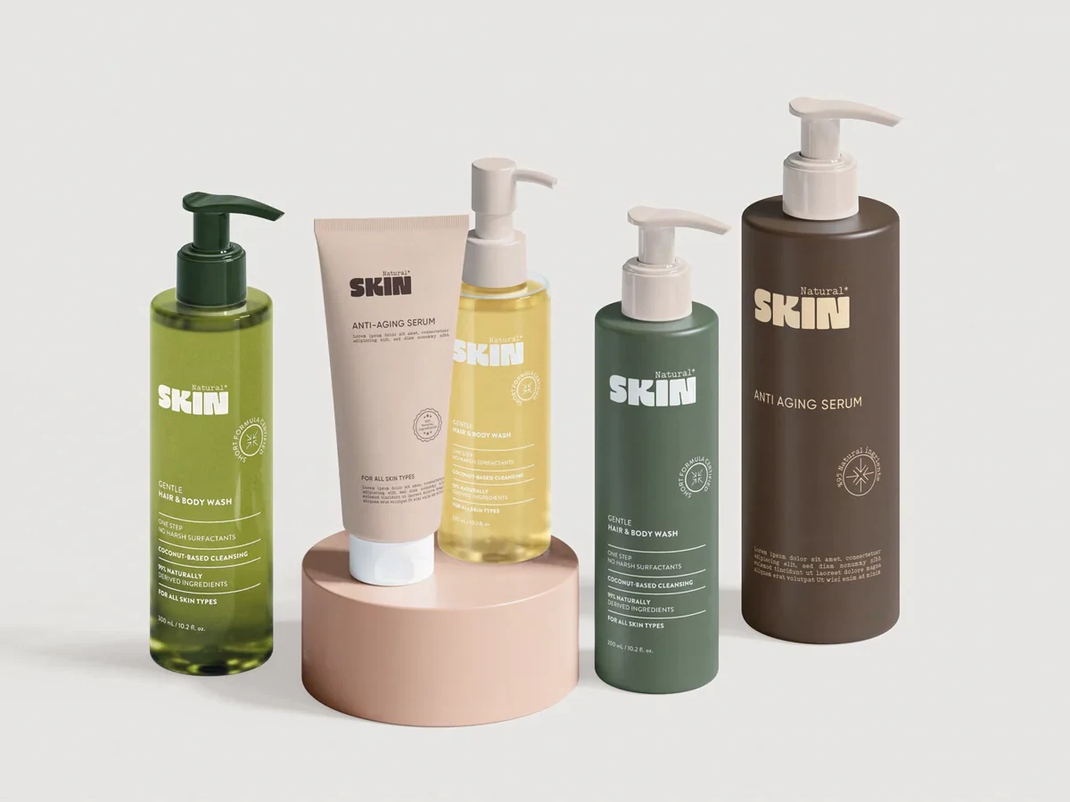 The Natural Skin range shown together — bottles, a tube and a pump